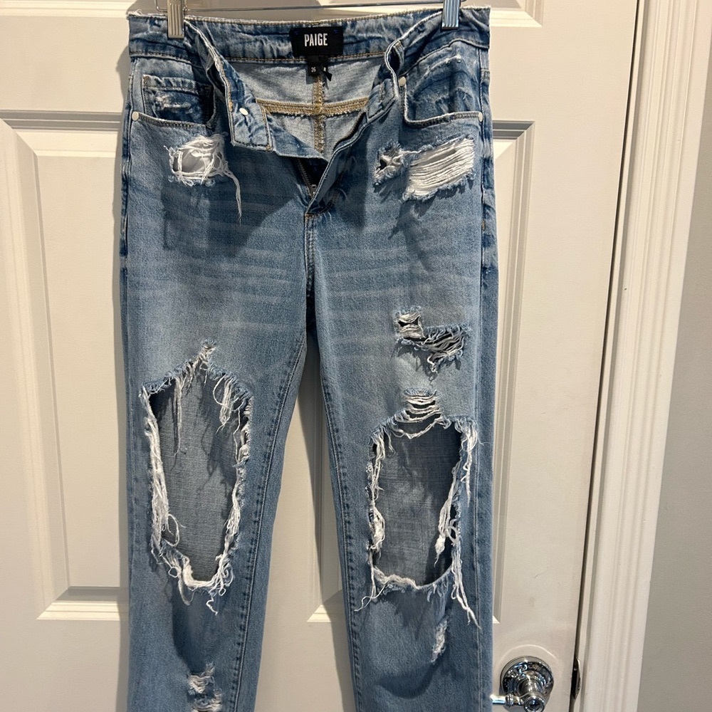 PAIGE Women's Light Blue Distressed Boyfriend Jeans